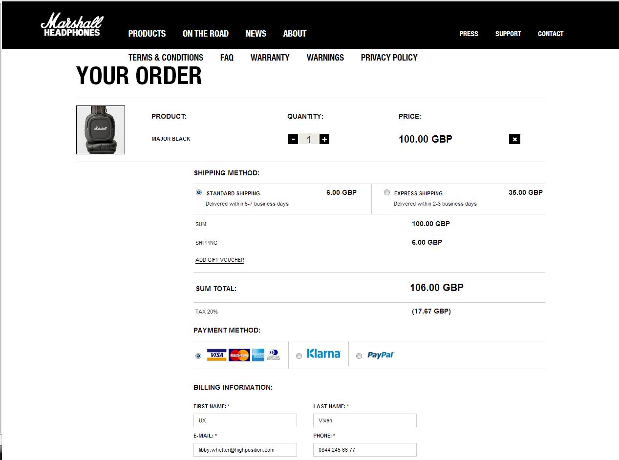 Marshall Headphones Checkout Page
